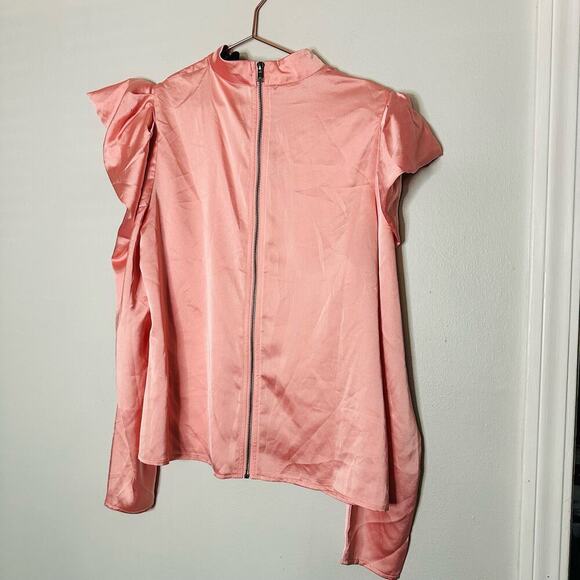 NWT LITTLE MISTRESS Women's Pink Satin Ruffle Long Sleeve Zip Back Top Size US 8 - Picture 2 of 9